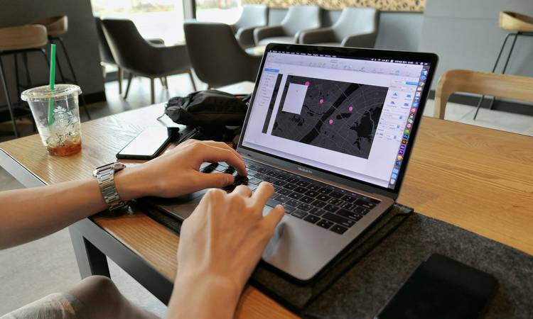 Web designer reviewing a comparison chart of PNG, JPG, and GIF image formats on a laptop